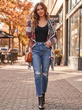 Wet Seal Cardigan Small Black Red Aztec Southwestern Open Front Sweater